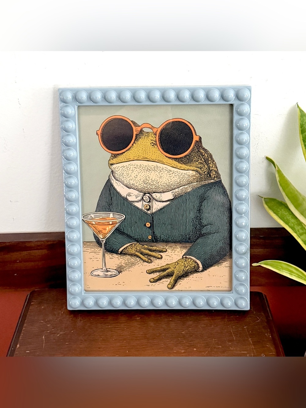 Sophisticated Frog Drinking Cocktail Martini Canvas Art Print Blue Beaded Frame